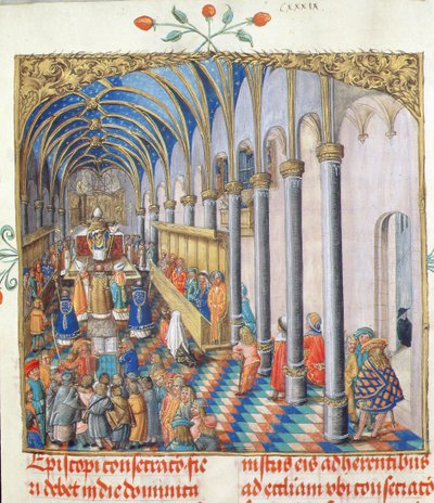 Piispan vihkiminen piispa Erasmus Ciolekin paavilta, n. 1510 (tempera ja kulta pergamentilla) tekijältä Polish School