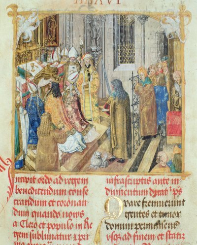 Puolan kuninkaan kruunaus piispa Erasmus Ciolekin paavilta, n. 1510 (tempera ja kulta pergamentilla) tekijältä Polish School