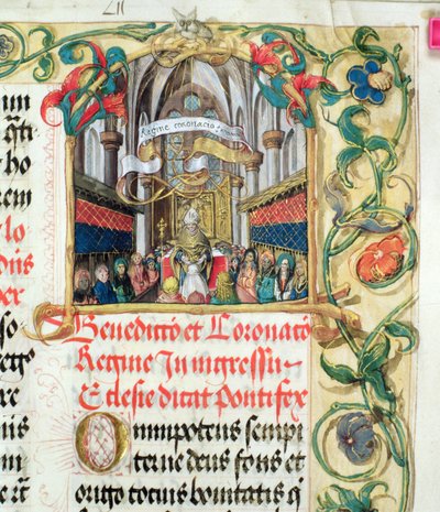 Puolan kuningattaren kruunaus piispa Erasmus Ciolekin paavilta, n. 1510 (tempera ja kulta pergamentilla) tekijältä Polish School