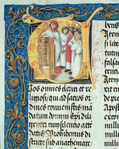 Seminaarin pappeudeksi vihkiminen piispa Erasmus Ciolekin paavilta, n. 1510 (tempera ja kulta pergamentilla) tekijältä Polish School