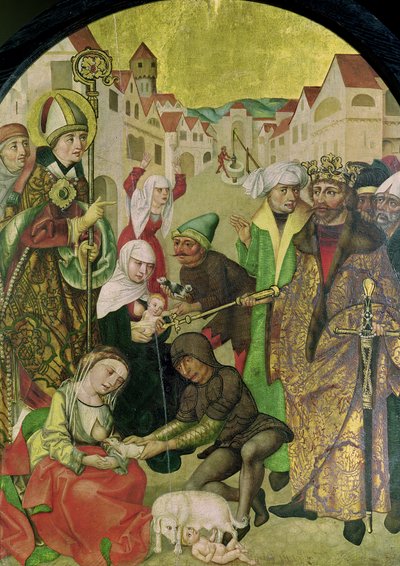 St. Stanislas (1030-79) katselee uskottomien vaimojen rangaistusta kuningas Boleslas II:n (1039-81) paneelin käskyn mukaan Pyhän Stanislasin alttaritaulusta tekijältä Polish School