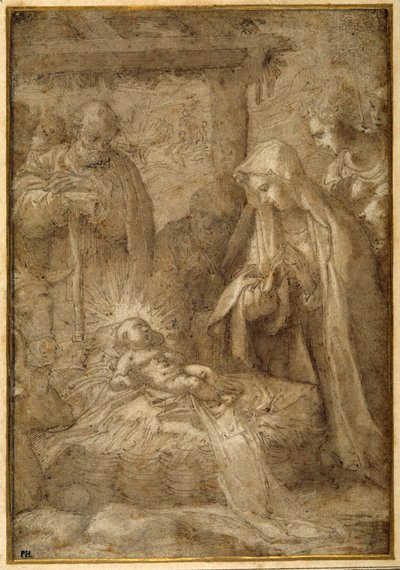 Paimenten palvonta (metallikärki, kynä ja muste pesuaineella ja guassi paperille) tekijältä Pompeo (fl.1569 71) (attr. to) Cesura