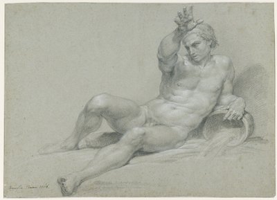 Alastonharjoitelma makaavasta miesmallista oikea käsivarsi kohotettuna, antiikin jokijumalan asennossa, viistosti vasemmalta nähtynä tekijältä Pompeo Girolamo Batoni
