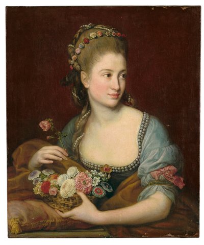 Naisen muotokuva Florana, puolipitkä, kädessään paju kukkakori tekijältä Pompeo Girolamo Batoni