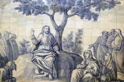 Armon kirkko. Azulejos. Saarna vuorella. Jeesus. Evora. Portugali. tekijältä Portuguese School