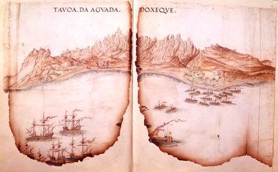 Cotton Tiberius D. IX, ff.11v-12 Näkymä Aguadasta, kuva Estevao de Gaman teoksesta "Reitti matkalle Goa Punaisellemerelle" tekijältä Portuguese School