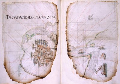 Cotton Tiberius D. IX, ff.36v-37 Cuaquem ja Persianlahti, kuva "Matkan matka Intiasta Sueziin", kirjoittanut Estevao de Gama tekijältä Portuguese School