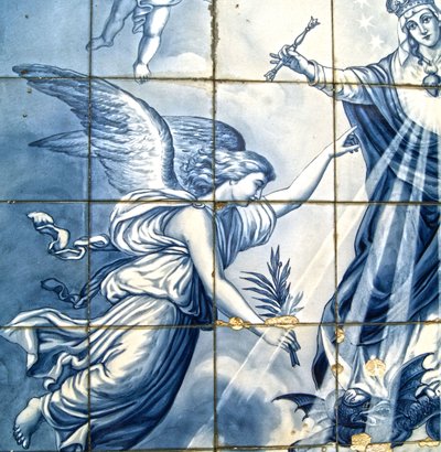 Koristeellinen paneeli, jossa arkkienkeli Gabriel ja Neitsyt Maria murskaamassa siivekkää käärmettä, Lamego, Portugali. 1738 tekijältä Portuguese School