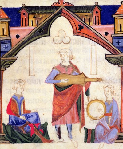 Fol.12v Kitaraa ja tamburiinia soittavat muusikot, Chansonnier des Nobles tekijältä Portuguese School
