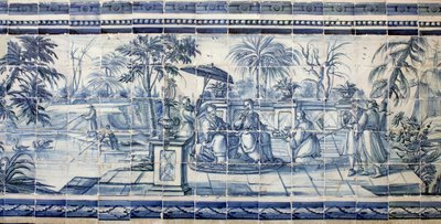 Hedelmien maistelua lähellä järveä Aasiassa - Azulejos, maalattu fajanssi tekijältä Portuguese School