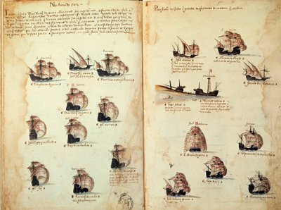 Käsikirjoitussivu "" Portugalin armadojen muistomerkit kuningas Manuel I:n (1469-1521) aikana"" edustaa portugalilaisia laivastoja. 1533 B.N. Pariisi tekijältä Portuguese School
