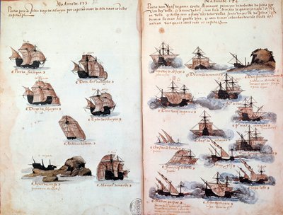 Käsikirjoitussivu "" Portugalin armadojen muistomerkit kuningas Manuel I:n (1469-1521) aikana"" edustaa portugalilaisia laivastoja. 1523 B.N. Pariisi tekijältä Portuguese School