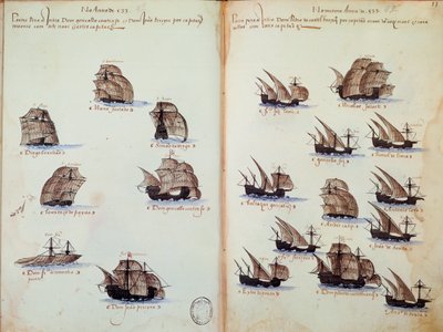 Käsikirjoitussivu "" Portugalin armadojen muistomerkit kuningas Manuel I:n (1469-1521) aikana"" edustaa portugalilaisia laivastoja tekijältä Portuguese School