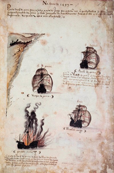 Käsikirjoitussivu "" Portugalin armadojen muistomerkit kuningas Manuel I:n (1469-1521) aikana"", joka edustaa vuoden 1497 portugalilaisia laivastoja. 1523 B.N. Pariisi tekijältä Portuguese School