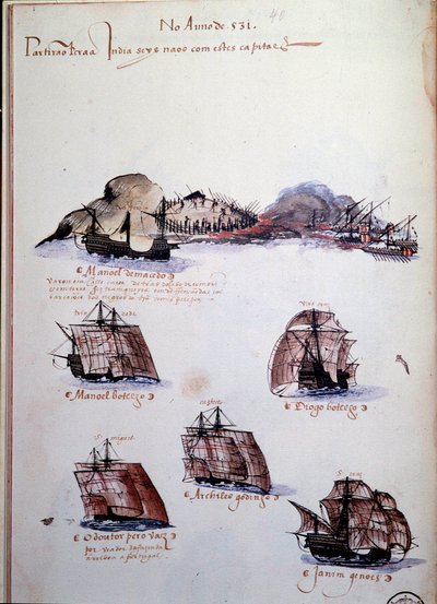 Käsikirjoitussivu "" Muistoja Portugalin armadoista kuningas Manuel I:n (1469-1521) aikana", joka edustaa vuoden 1497 portugalilaisia laivastoja. 1500 Lissabon, Kansallinen muinaisen taiteen museo tekijältä Portuguese School