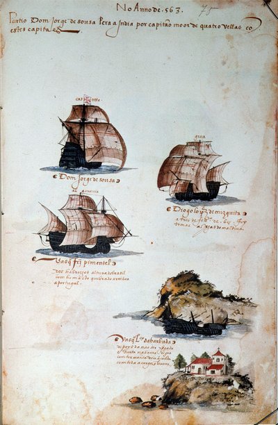 Käsikirjoitussivu "" Muistoja Portugalin armadoista kuningas Manuel I:n (1469-1521) aikana", joka edustaa vuoden 1497 portugalilaisia laivastoja. 1500 Lissabon, Kansallinen muinaisen taiteen museo tekijältä Portuguese School