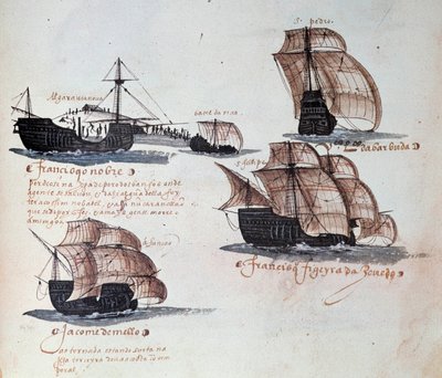 Portugalin armadoiden muistomerkit kuningas Manuel I:n (1469-1521) aikana: esitys Portugalin laivaston karavelleista. Miniatyyri käsikirjoituksesta vuodelta 1497. Lissabon. Kansallinen muinaisen taiteen museo tekijältä Portuguese School