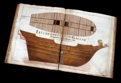 Laivastoarkkitehtuuri: Manuel Fernandezin arkkitehtonisen tutkielman (Livro de Tracas de Carpintaria) sivu: laivan leikkaaminen tekijältä Portuguese School
