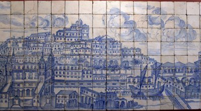 Panoraamanäkymä Lissaboniin, ennen vuoden 1755 maanjäristystä - Azulejos 1700-luvun alussa, paneeli varoitus entisestä Tentugalin kreivien palatsista, Lissabon (Lissabonin suuri panoraama ennen vuoden 1755 maanjäristystä, fajanssi 1700-luvun alussa, muinai tekijältä Portuguese School