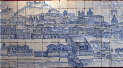 Panoraamanäkymä Lissaboniin, ennen vuoden 1755 maanjäristystä - Azulejos 1700-luvun alussa, paneeli varoitus entisestä Tentugalin kreivien palatsista, Lissabon (Lissabonin suuri panoraama ennen vuoden 1755 maanjäristystä, fajanssi 1700-luvun alussa, muinai tekijältä Portuguese School