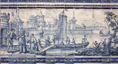 Kohtaus joen rannalla Aasiassa - Azulejos, maalattu fajanssi tekijältä Portuguese School
