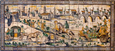 Singerie, kanojen häät - Laattapaneeli, noin 1665, Cadriceiran vanhalta maatilalta, Turcifalista, Torres Vedrasista (Portugali) (Kanan häät, Tile panel, noin 1665) - Musee national des azulejos, Lissabon (Portugali) tekijältä Portuguese School