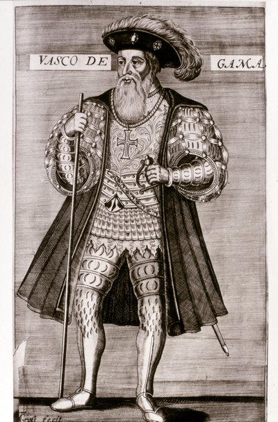 VASCO DA GAMA: kuvitus Luis Camoesin teoksesta "OS LUSIADAS", Lisboa 1572. tekijältä Portuguese School