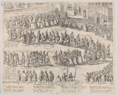 Avioliittokulkue Elizabeth Stuartin, James I:n tyttären, ja..., 1613 tai sen jälkeen. tekijältä Possibly by Abraham Hogenberg.