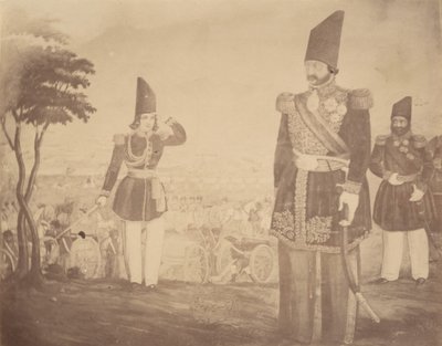 [Persialainen revüü maalauksessa, joka kuului aikoinaan kuninkaan sedä Ardeshir Mirzalle.], 1840-60-luvut. tekijältä Possibly by Luigi Pesce.