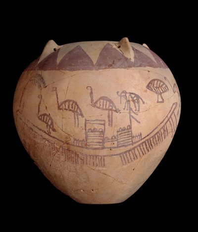 Poltettu savipurkki maalatulla koristeella, mukaan lukien veneet ja eläimet, n. 3400-3300 eKr. (savi) tekijältä Predynastic Period Egyptian