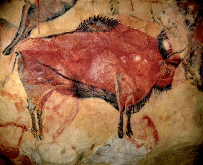 Esihistoria, ylemmän paleoliittisen ajan taide: biisoni tai auroch, parietaalimaalaus Altamiran luolassa (Espanja), puuhiili ja punainen okra, 35 000 - 11 000 eKr. - Yläpaleoliittisen ajan taide - Maalaus Altamiran luolassa, re , Charcoal tekijältä Prehistoric Prehistoric