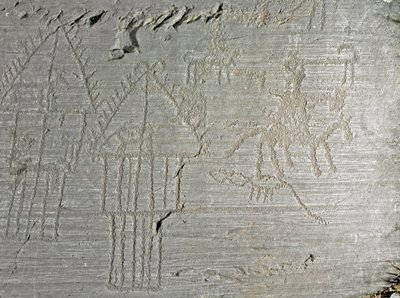 Esihistoria, camunni-sivilisaatio, kalliotaide: kylän arjen kohtausten hautakallio, puujalat, järvitalot, koirat, linnut, peuroja ja mies hevosen selässä. Neoliittisen ja pronssikauden välinen aika. Roche. 35 Capo di Ponte, Parco nazionale de tekijältä Prehistoric Prehistoric