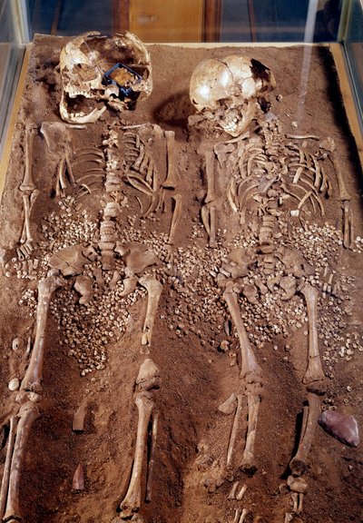 Esihistoria: Kahden lapsen luurangot. 30 000-25 000 eaa. Grimaldin luolasta. Saint Germain en Laye, kansallisen arkeologian museo tekijältä Prehistoric Prehistoric