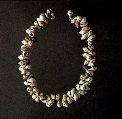Esihistoria, kivikausi: kaulakoru simpukoista Polesinen luolasta Venetiestä. Keskimääräinen neoliitti. Rooma, Luigi Pigorinin kansallinen esihistoriallisen etnografian museo tekijältä Prehistoric Prehistoric