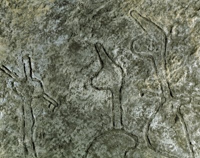 Esihistoriaa, kalliotaidetta: petroglyfi (graffiti kivellä) metsästyskohtauksesta. neoliittinen, kivikausi. (Azerbaidžan) Pronssikausi. Baku, Azerbaidžanin valtion uskontohistoriallinen museo tekijältä Prehistoric Prehistoric