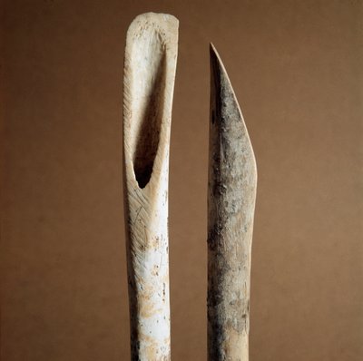 Esihistoria: työkalut kuoren poistamiseen vuohen ja lampaiden sääriluista Arene Candiden (Finale Liguria) Liguriasta. Keski neoliitti, kivikausi. Geenit, museo di archeologia ligure tekijältä Prehistoric Prehistoric