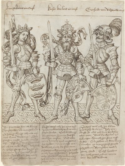 Kuningas Arthur, Kaarle Suuri ja Godfrey Boulognen tekijältä Primary Master of the Strassburg Chronicle