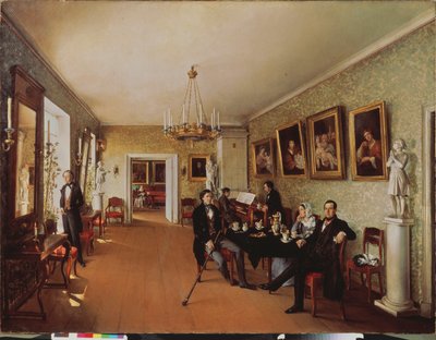 Perhekohtaus (Päivittäistä toimintaa teehetkellä, jotkut soittavat pianoa, toiset kuuntelevat, nainen taustalla ompelee) - Perhekohtaus - Prokofi Jegorovich Pushkaryev (Pushkaryev) maalaus (?-1856 jälkeen), h tekijältä Prokophy Egorovich Pushkaryev