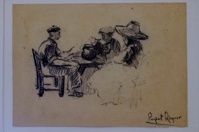 istuvia hahmoja, Narcís Puget Riquer, hiilipiirros, Puget-museo, Can LLaudisin aatelistalo, Dalt Vila, Ibiza, Baleaarit, Espanja tekijältä Puget Riquer