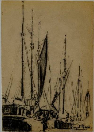 purjeveneet, Narcís Puget Riquer, hiilipiirustus, Puget-museo, Can LLaudisin aatelistalo, Dalt Vila, Ibiza, Baleaarit, Espanja tekijältä Puget Riquer