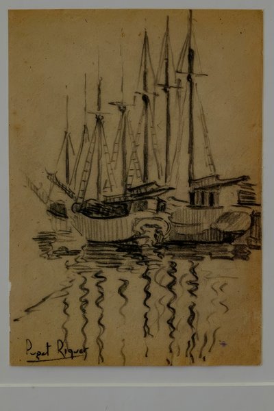 purjeveneet, Narcís Puget Riquer, hiilipiirustus, Puget-museo, Can LLaudisin aatelistalo, Dalt Vila, Ibiza, Baleaarit, Espanja tekijältä Puget Riquer