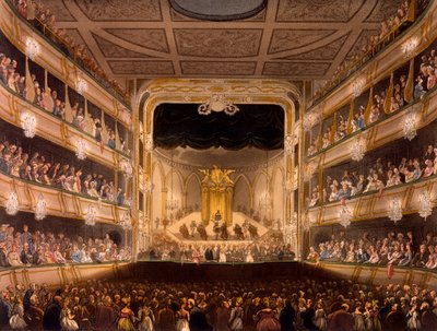 Covent Garden Theatre, R Ackermannin Microcosm of London, 1808 (käsinvärinen akvatinta) tekijältä Pugin and Rowlandson