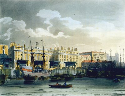Custom House Thames-joelta, Ackermannin "Lontoon mikrokosmosta", kaivertanut John Bluck (fl.1791-1819), 1808 (akvatinta) tekijältä Pugin and Rowlandson
