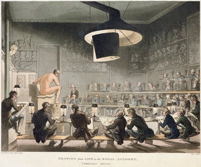 Piirustus elämästä Royal Academyssa (värillinen kaiverrus) tekijältä Pugin and Rowlandson