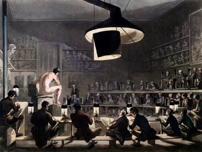 Piirustus elämästä Royal Academyssa, Somerset House, Lontoo, R. Ackermannin Microcosm of Londonista, 1810 (värillinen akvatinta) tekijältä Pugin and Rowlandson