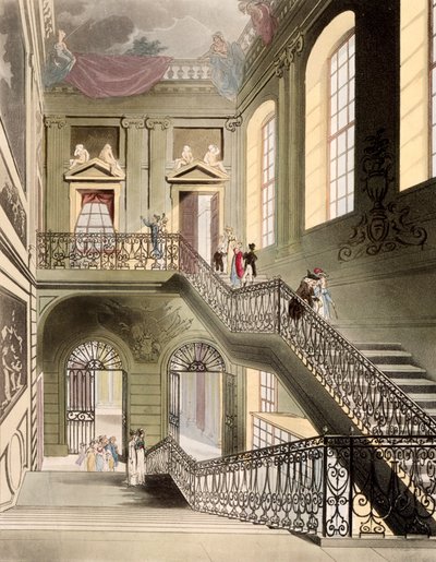 Hall and Staircase British Museumissa, R. Ackermannin vuonna 1808 julkaisemasta "Microcosm of Londonista" tekijältä Pugin and Rowlandson