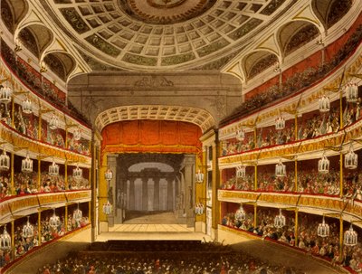 Uusi Covent Garden Theatre, Lontoon Microcosm, 1810, R Ackermann (käsinvärinen akvatinta) tekijältä Pugin and Rowlandson