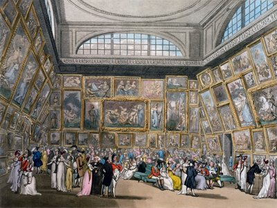 Näyttelyhuone Somerset Housessa, Lontoon Ackermannin "taidevarasto", 1809 (värillinen akvatinta) tekijältä Pugin and Rowlandson