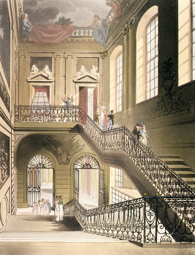 Brittiläisen museon sali ja portaat Ackermannin "Lontoon mikrokosmosta" tekijältä Pugin and Rowlandson