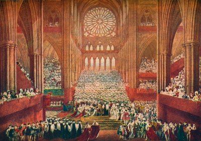 Kuningas Yrjö IV:n kruunaus Westminster Abbeyssa Lontoossa, 1821 1906. tekijältä Pugin and Stephanoff